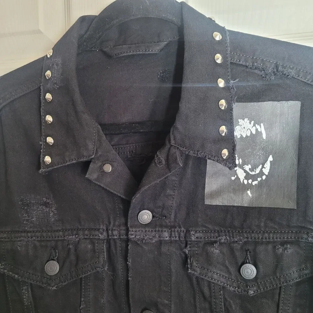 Keiser Clark Studded Distressed Denim Jacket Mens Size Medium Black Goth Graphic